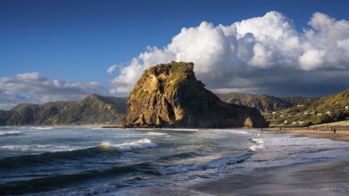 Landscape in New Zealand with sea and sandy beach. Piha Beach and Lion Rock. People on the beach,