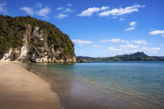 Landscape with sea and sandy beach in New Zealand. Lonely Bay, Shakespeare Cliff, Cooks Beach,