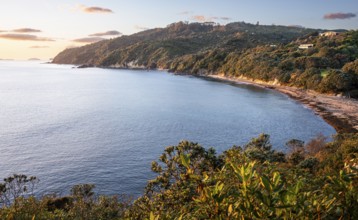 Landscape and sea in New Zealand. View of Te Karo Bay (Sailors Grave) in the morning at sunrise. Te
