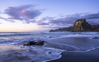 Landscape in New Zealand with sea and beach. Piha Beach and Lion Rock. In the evening after sunset.