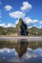 Landscape in New Zealand with sandy beach. Karekare Beach and The Watchman Rock. Karekare,