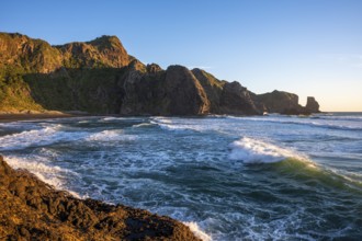 Landscape in New Zealand with sea and beach. Wigmore Bay near Bethell's Beach (Te Henga) . In the