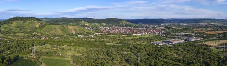 Rural area with a town surrounded by fields and rolling hills under a blue sky, Korb im Remstal