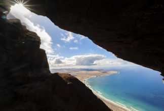 Cueva de las Cabras cave, view from the Risco de Famara cliffs to Famara beach, Playa de Famara