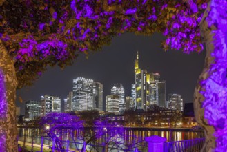 The lights of Frankfurt's banking skyline glow in the evening, Frankfurt am Main, Hesse, Germany
