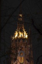 The top of St. Bartholomew's Cathedral in Frankfurt am Main glows like a crown in the evening,