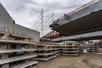 Storage space for building materials at the A40 Neuenkamp bridge, in Duisburg-Homberg, pillars and