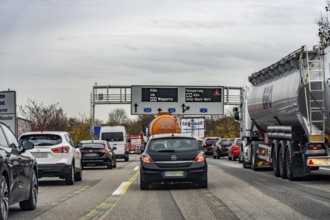 Traffic jam on the A42 motorway in front of the Oberhausen-West motorway junction, during the full