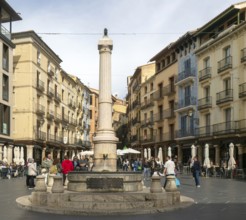 Historic buildings fountain monument, Plaza del Torico square, city centre of Teruel, Aragon, Spain
