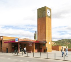 Modern architecture of bus station and clock tower, Estacion Autobuses, city of Teruel, Aragon,