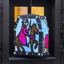 Homemade Martin lantern, decoration in a window of a half-timbered house, Altstadt, Kempen, Lower