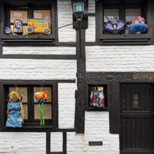 Decorated half-timbered house for the Martin train in Alte Schulstraße, historic old town, Kempen,