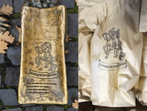 Comparison of Martin bag of bronze sculpture with the title Saint Martin in Kempen by Michael