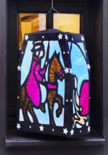 Homemade Martin lantern, decoration in a window of a half-timbered house, Altstadt, Kempen, Lower