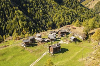 Traditional wooden huts on Alpe near Evolene, Val d'Herens, Canton of Valais, Switzerland