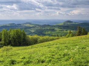 View from the summit of the Wasserkuppe over the hills of the Rhön to Milseburg, Gersfeld, Hesse,