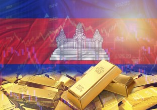 Gold bars on Cambodia flag in background. Gold bars stacked on Cambodian flag. Concept of Cambodia