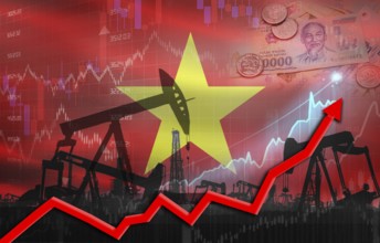 Oil production with Vietnam flag, petrol industry. Oil pumps with Vietnamese flag