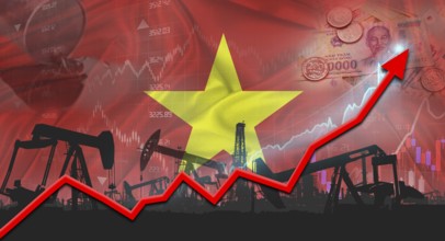 Growth of oil industry with Vietnamese flag. Oil pumps with Vietnamese flag. Oil production with