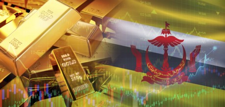 Gold bars stacked on Bruneian flag. Brunei gold reserves, Concept