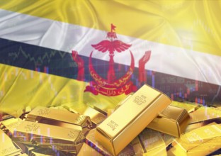 Gold bars on Brunei flag in background. Gold bars stacked on Bruneian flag. Concept of Brunei gold