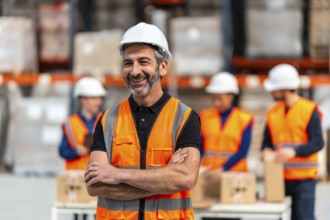 Smiling male warehouse worker with a beard and white hardhat posing with arms crossed while other