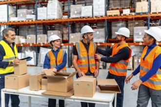 Diverse team of warehouse workers wearing safety vests and hard hats collaborating while packing