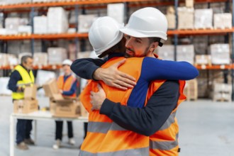 Two diverse warehouse workers wearing safety vests and hardhats embracing in a logistics facility,