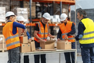 Group of diverse workers wearing hard hats and safety vests packing cardboard boxes on a table,