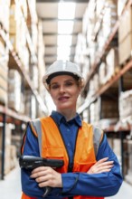 Confident woman working in a busy logistics warehouse, wearing a hard hat and safety vest, holding