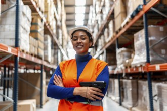 Smiling black woman worker wearing safety vest and hard hat, holding a scanner while standing with