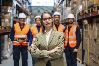 Confident female manager with arms crossed leading a diverse warehouse logistics team in a busy