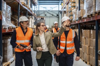 Female logistics manager wearing a suit and glasses discussing inventory levels with male workers