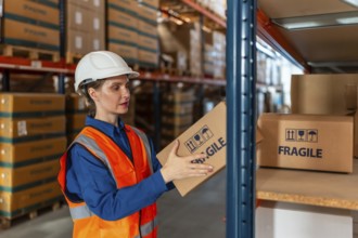 Worker in safety gear handling a fragile package, organizing inventory on a shelf in a modern