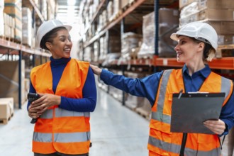 Two diverse women warehouse workers in safety vests and hard hats smiling and collaborating,