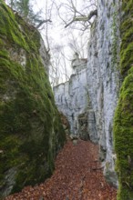 The climbing trail through the rocks and caves of hell holes in the autumnal landscape of Dettingen