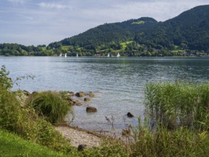 View from Bad Wiesee across Tegernsee to Sankt Quirin, shore of Tegernsee, Gmund am Tegernsee,