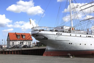 Gorch Fock, a sailing school ship rigged as a bark in the harbor, Stralsund, Vorpommern-Rügen
