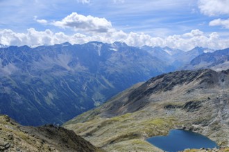 Scenic view from Gaislachkogel over the Ötztal Alps and down into the Ötztal near Sölden, Tyrol,