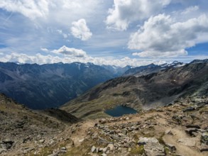 Scenic view from Gaislachkogel over the Ötztal Alps and down into the Ötztal near Sölden, Tyrol,