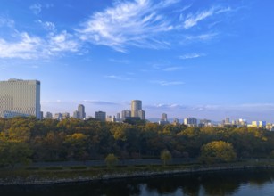 Japan, panoramic view of Osaka skyline at sunset