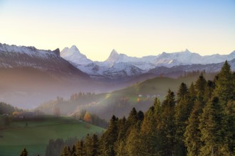 View of snow-covered Bernese Alps with Schreckhorn and Finsteraarhorn at sunrise, Langnau im