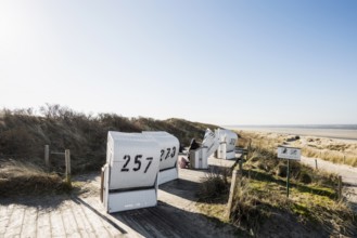 Beach chairs in the dunes and blue sky in winter, Spiekeroog, East Frisian Islands, Lower Saxony,