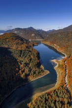 Mountain lake, mountains, sunny, morning light, autumn, autumn color, forest, aerial view,