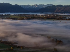 City, church, mountains, sunny, morning light, autumn, autumn color, fog, aerial view, Murnau,