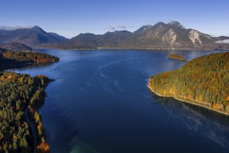 Mountain lake, mountains, sunny, morning light, autumn, autumn color, forest, aerial view,