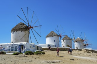 Mykonos, Cyclades, Greece - The six sixteenth-century windmills, lined up on a hill above Mykonos