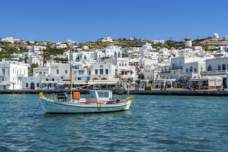Mykonos, Cyclades, Greece - fishing boats are moored in the old port of Mykonos Town, Mykonos Chora