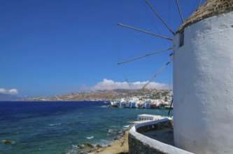 Mykonos, Cyclades, Greece - The six sixteenth-century windmills, lined up on a hill above Mykonos