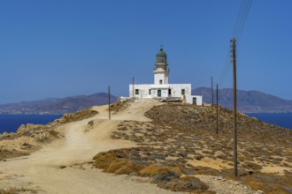 Mykonos, Cyclades, Greece - The Armenistis lighthouse in the north of the island is a landmark and